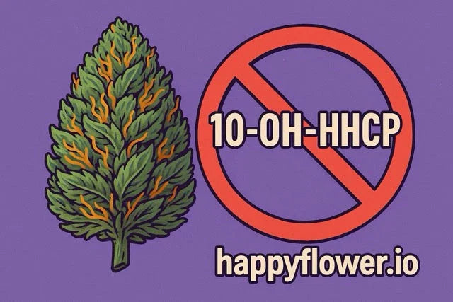 Illustration einer Cannabisblüte neben einem roten Verbotsschild mit der Aufschrift „10-OH-HHCP“ auf violettem Hintergrund, darunter happyflower.io.