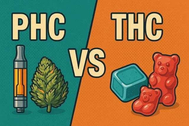 Illustration zeigt Vergleich PHC vs THC: links Vape & Blüte für PHC, rechts Gummies für THC, farbig geteiltes Hintergrunddesign.