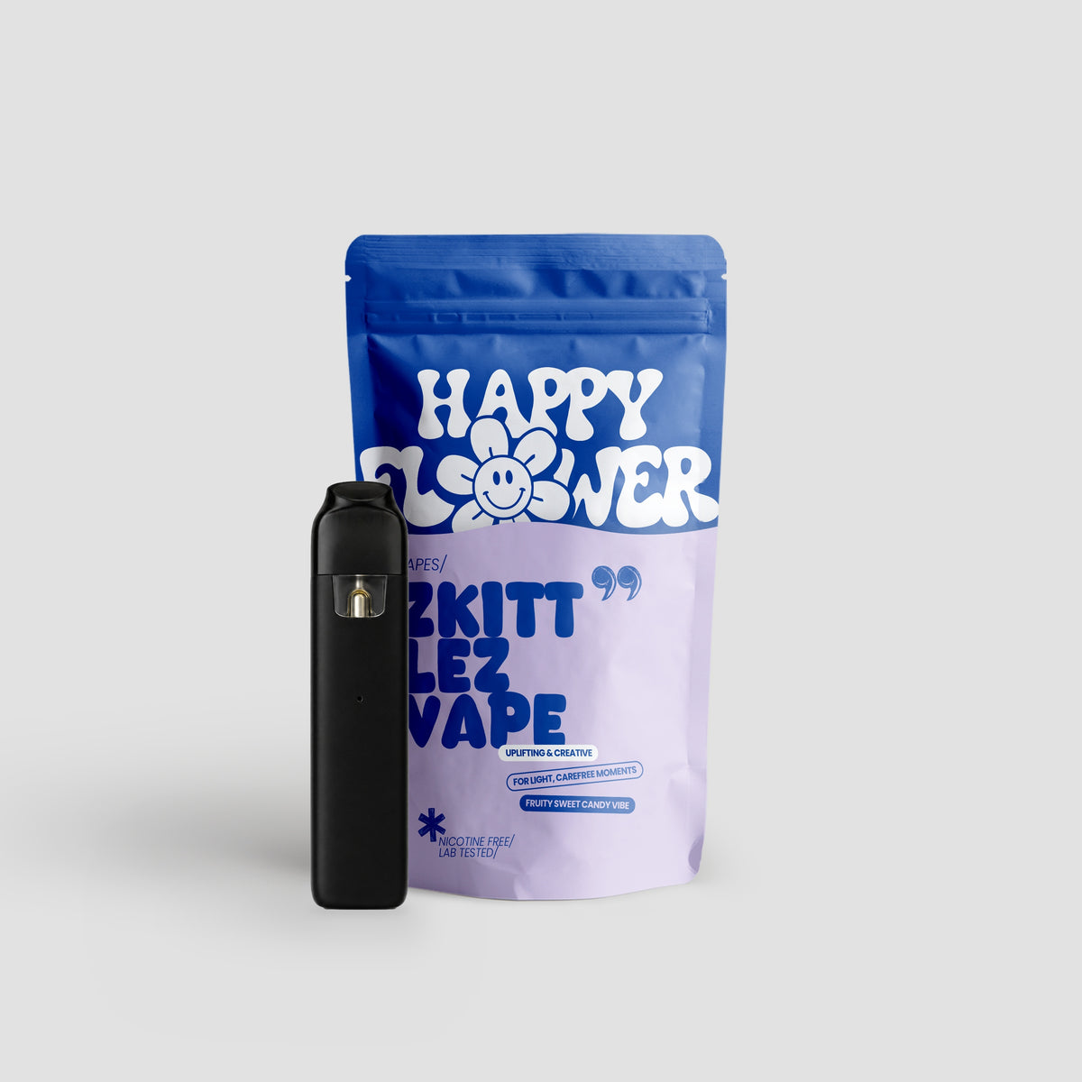 Happy Flower Zkittlez Vape mit blau-lilafarbener Standbeutel-Verpackung und schwarzem Vape-Gerät auf hellem Hintergrund.