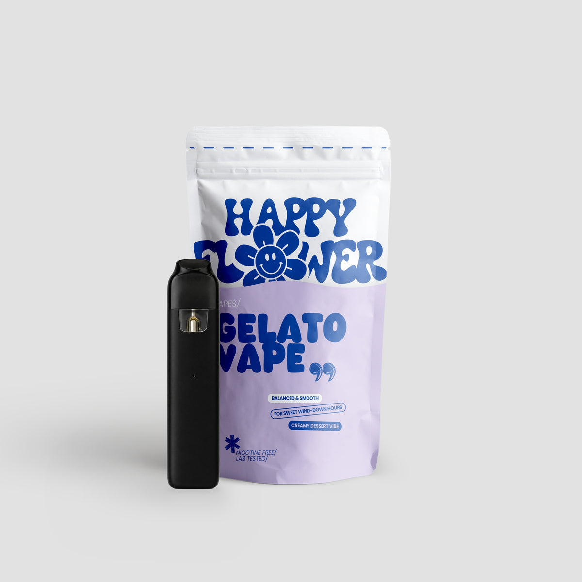 Happy Flower Gelato Vape mit weiß-lilafarbener Standbeutel-Verpackung und schwarzem Vape-Gerät auf hellem Hintergrund.