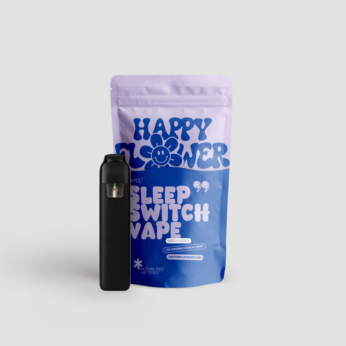 Happy Flower Sleep Switch Vape mit blau-lilafarbener Standbeutel-Verpackung und schwarzem Vape-Gerät auf hellem Hintergrund.
