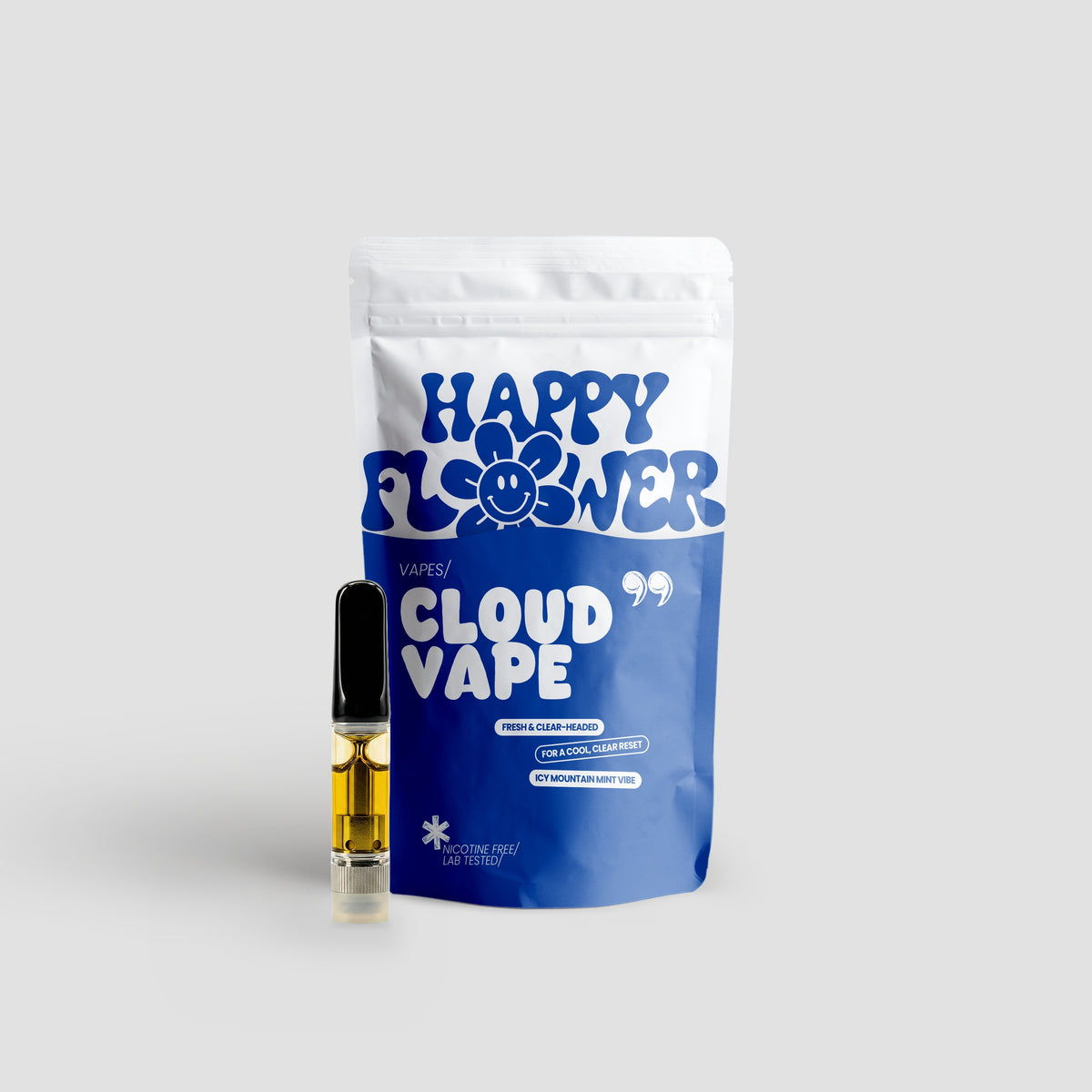 Happy Flower Cloud 99 Vape mit blau-weißer Standbeutel-Verpackung und Vape-Kartusche mit goldfarbener Flüssigkeit auf hellem Hintergrund.