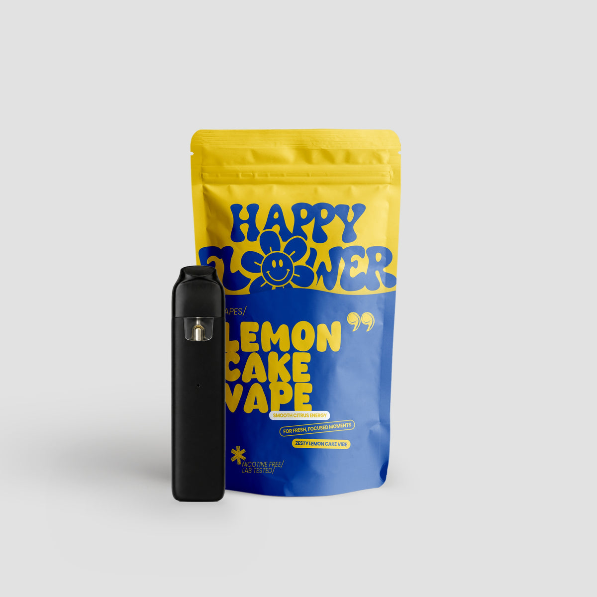 Happy Flower Lemon Cake Vape mit gelb-blauer Standbeutel-Verpackung und schwarzem Vape-Gerät auf hellem Hintergrund.