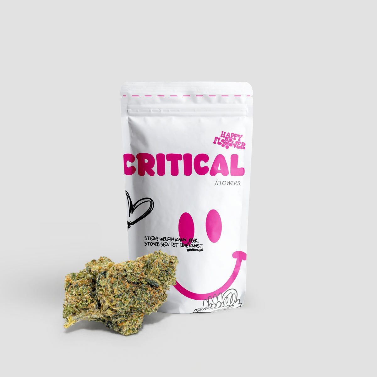Happy Flower Critical CBG-9 Flowers in weißer Standbeutel-Verpackung mit pinkem Design und einer großen Cannabisblüte im Vordergrund auf hellem Hintergrund.