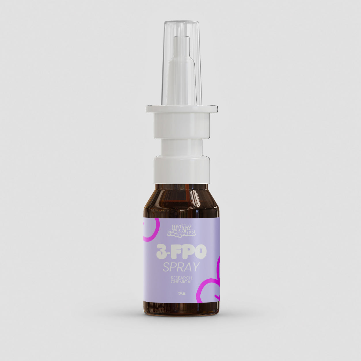 Braune 10-ml-Sprühflasche mit weißem Nasenaufsatz und transparenter Schutzkappe. Auf dem lilafarbenen Etikett steht „Happy Flower 3-FPO Spray – Research Chemical“. Das Produkt ist frontal vor einem hellgrauen Hintergrund abgebildet.