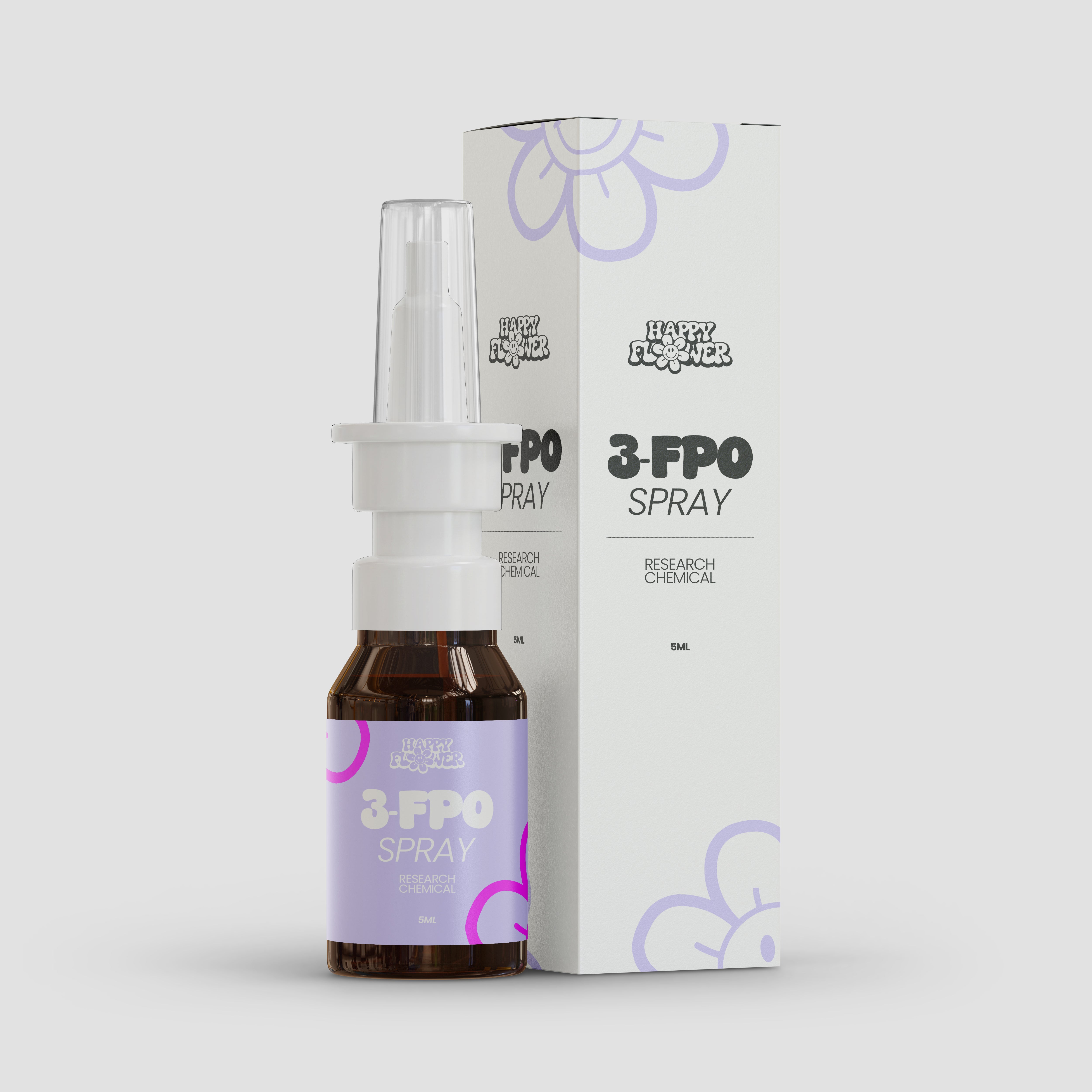 Braune 5-ml-Sprühflasche mit weißem Nasenaufsatz und transparenter Schutzkappe vor der passenden weißen Produktverpackung. Flasche und Karton tragen das Happy-Flower-Logo sowie die Aufschrift „3-FPO Spray – Research Chemical“ und lilafarbene Blütenelemente.