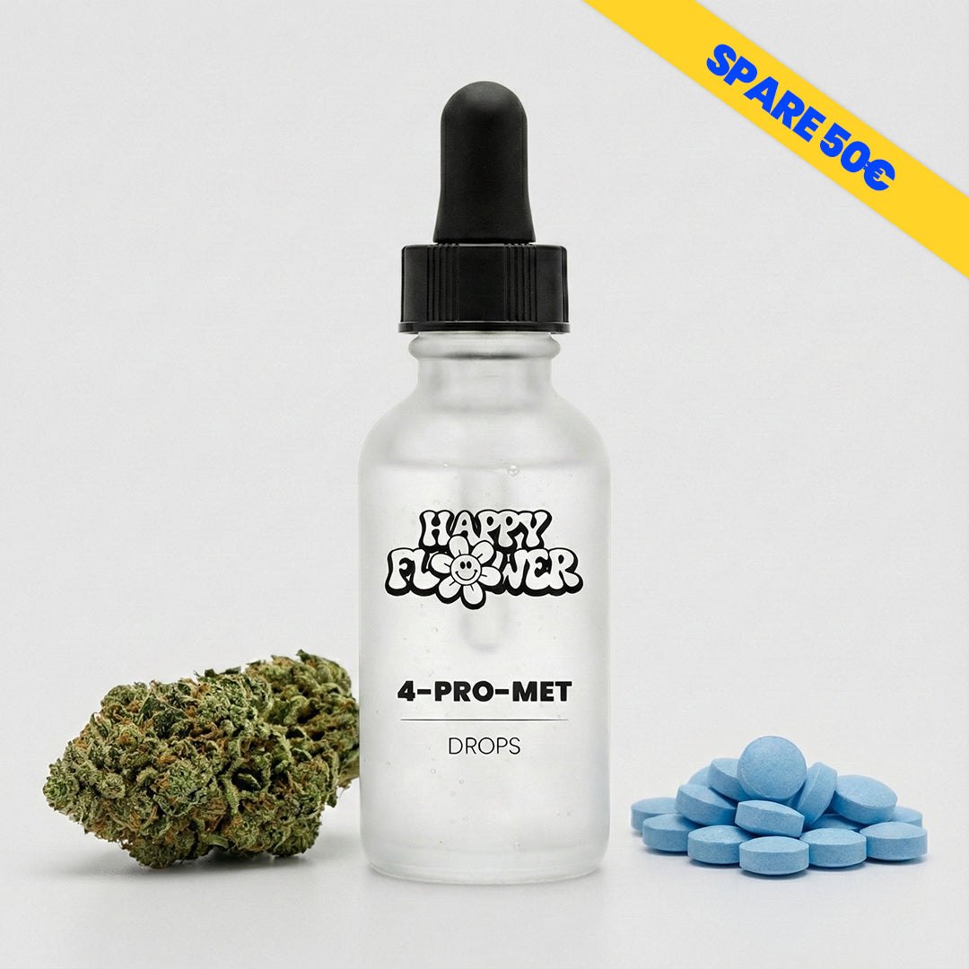 Cannabisblüte, Drops und blaue Pellets.