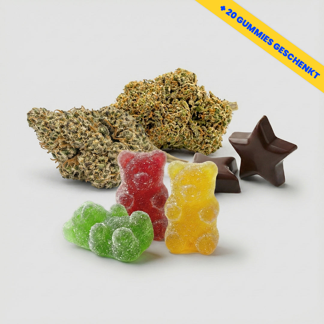 CBD Blüten, Schokolade und Fruchtgummis