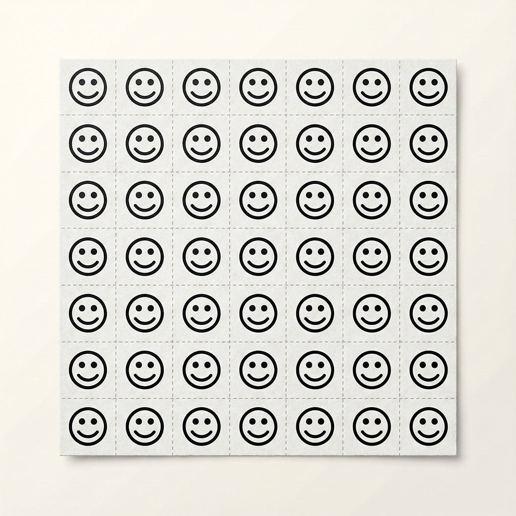 Sheet of black smiley face stickers on a white background