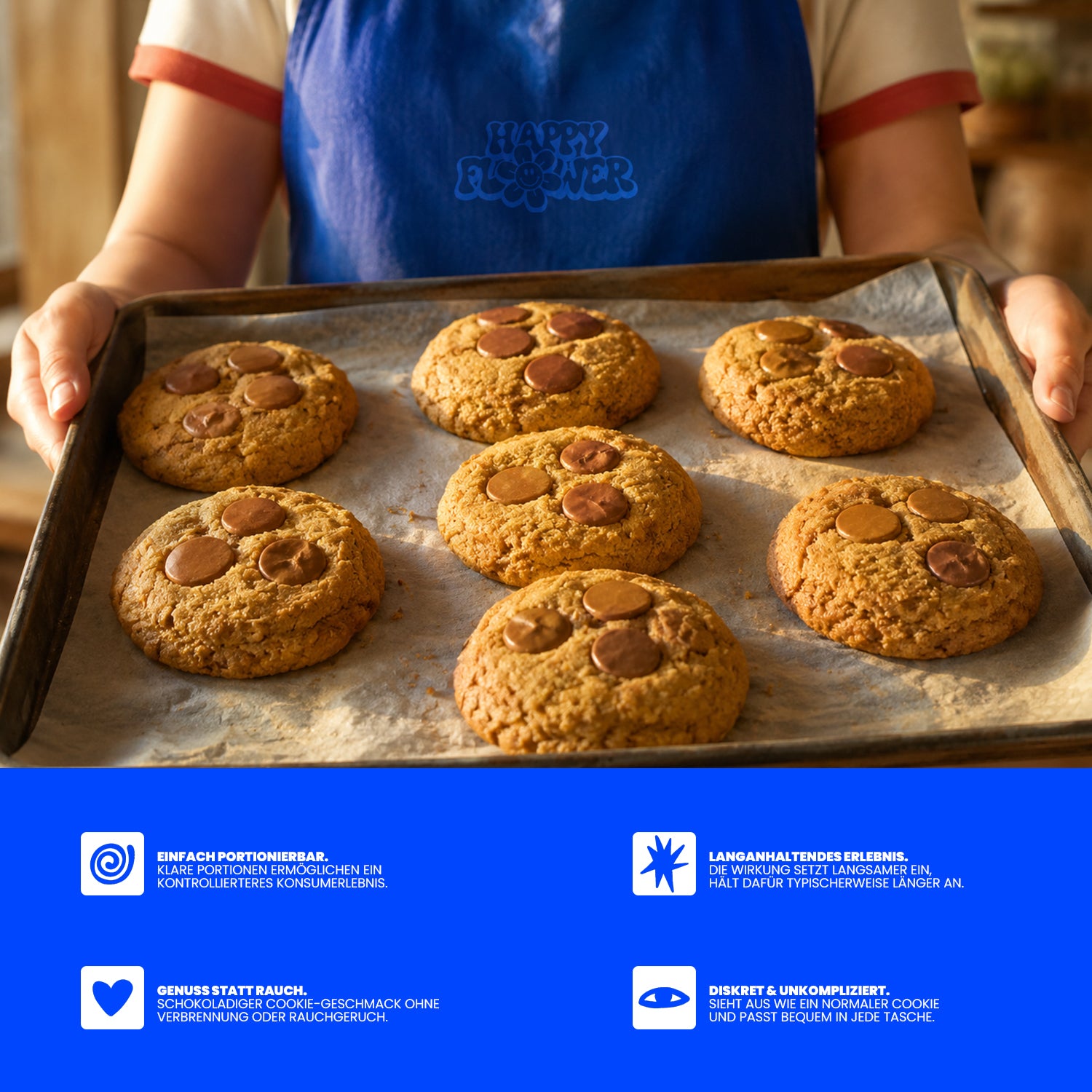 A person wearing a blue Happy Flower apron with the logo is holding a baking sheet with seven large THC chocolate cookies. Below, the benefits “easy to portion,” “long-lasting experience,” “enjoyment instead of smoke,” and “discreet and hassle-free” are highlighted.