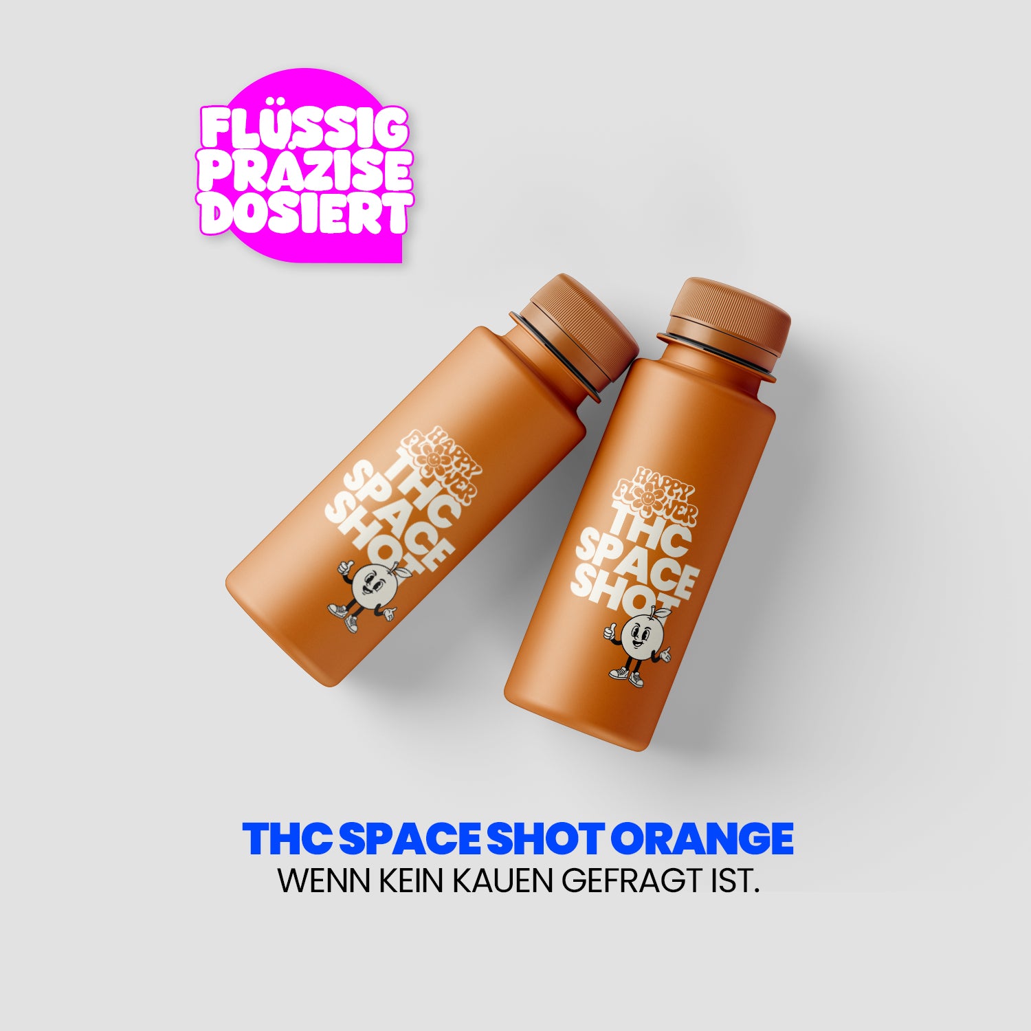 Imagen publicitaria de «THC Space Shot Orange». Dos botellas naranjas de chupito flotan sobre un fondo claro; en la esquina superior izquierda, dentro de un bocadillo rosa, se lee: «Dosificación líquida precisa». Debajo, el eslogan: «Cuando no hay que masticar».