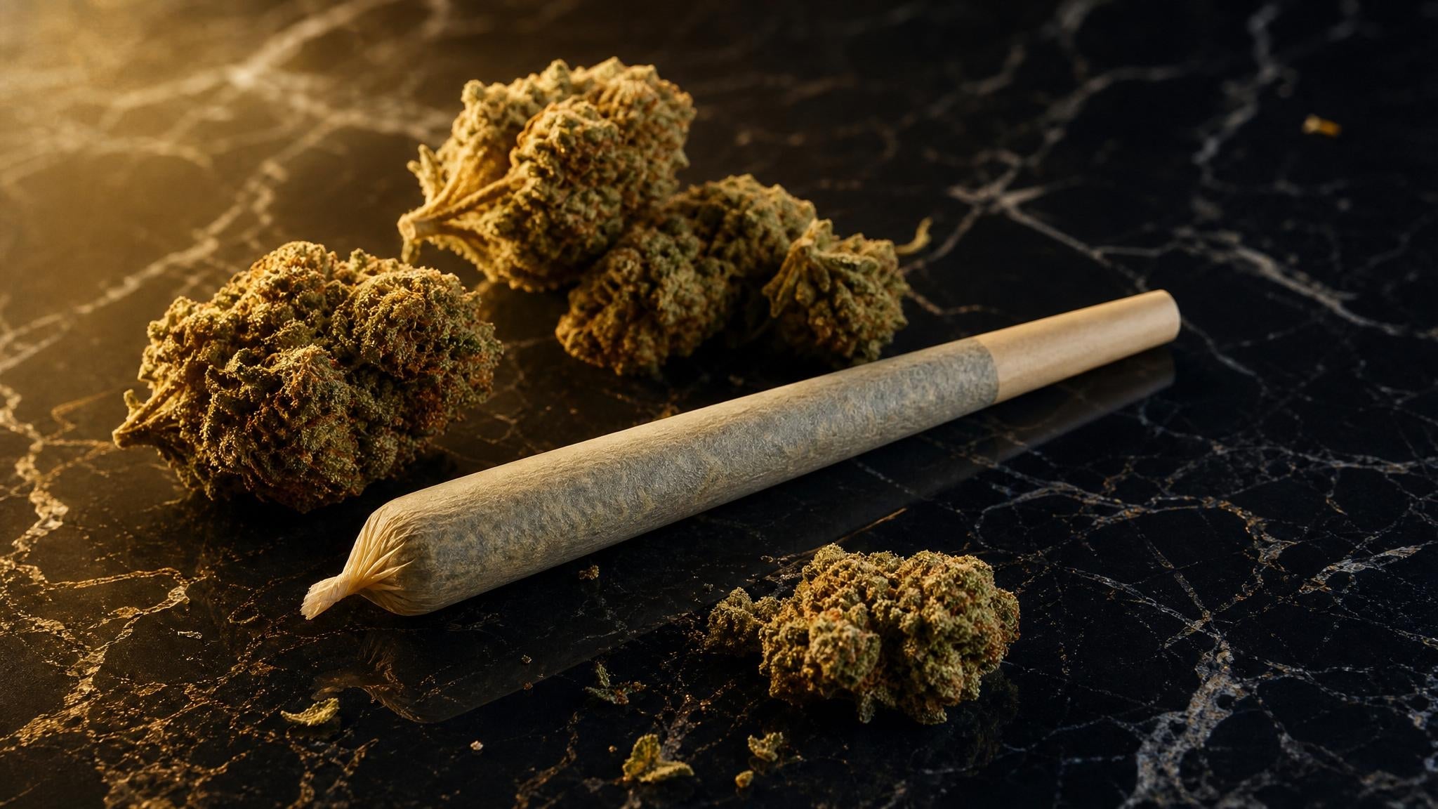 Premium Superior Pre-Roll Joint mit Cannabis-Blüten auf Marmor – Hero 2026