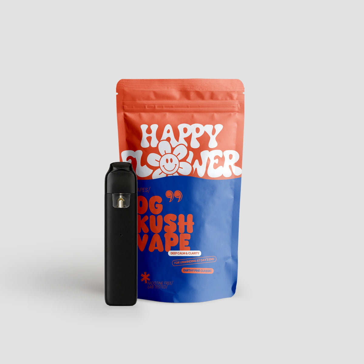 Happy Flower OG Kush Vape mit korall-blauer Standbeutel-Verpackung und schwarzem Vape-Gerät auf hellem Hintergrund.
