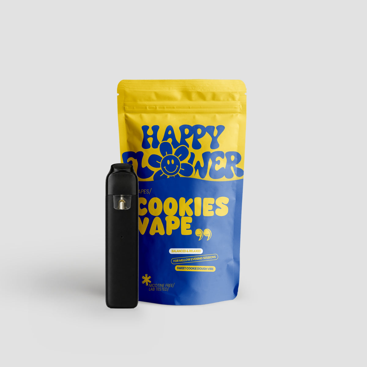 Happy Flower Cookies Vape mit gelb-blauer Standbeutel-Verpackung und schwarzem Vape-Gerät auf hellem Hintergrund.