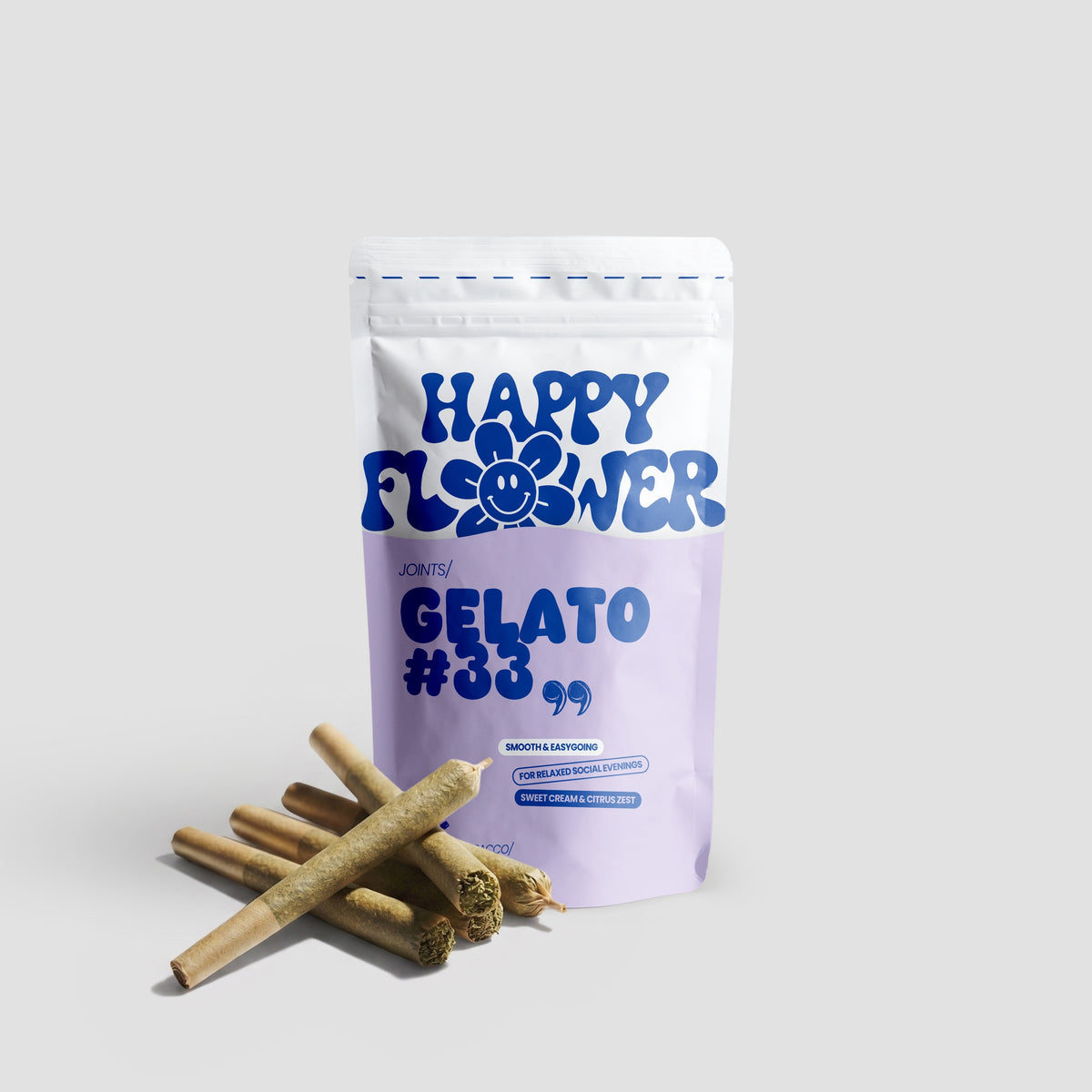Happy Flower Gelato #33 Joints in weiß-lilafarbener Standbeutel-Verpackung mit mehreren vorgedrehten Joints im Vordergrund auf hellem Hintergrund.
