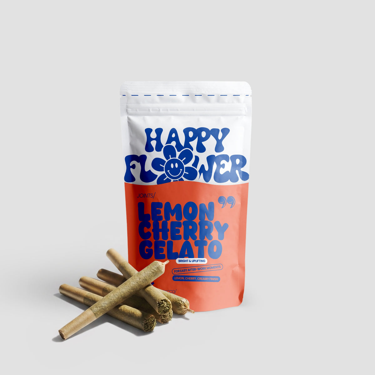 Happy Flower Lemon Cherry Gelato Joints in weiß-korallfarbener Standbeutel-Verpackung mit mehreren vorgedrehten Joints im Vordergrund auf hellem Hintergrund.
