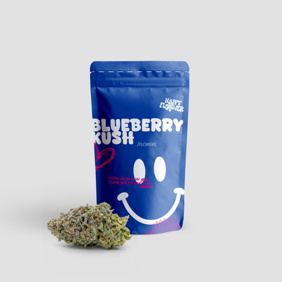 Happy Flower Blueberry Kush Flowers in blauer Standbeutel-Verpackung mit einer großen Cannabisblüte im Vordergrund auf hellem Hintergrund.