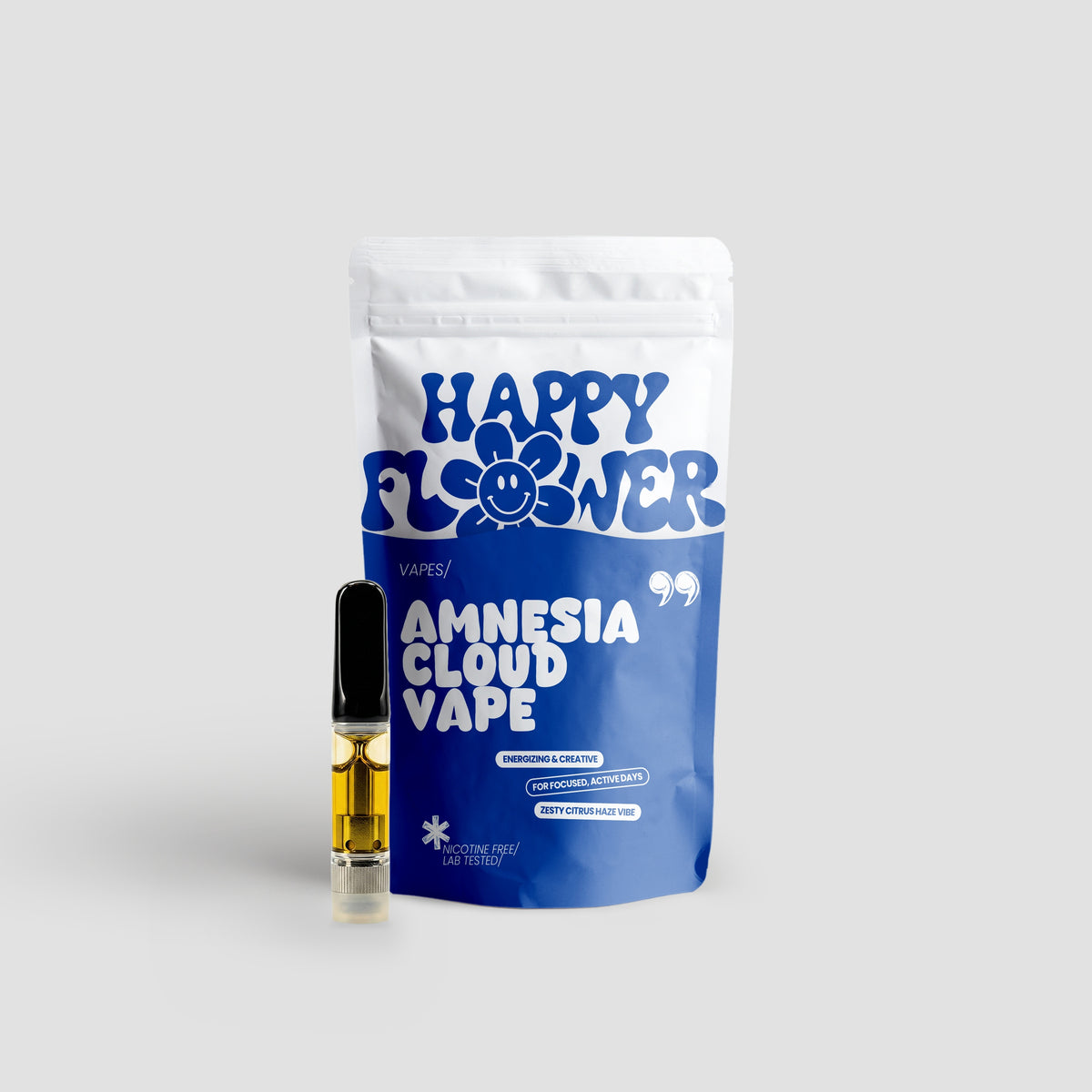 Happy Flower Amnesia Cloud Vape mit weiß-blauer Standbeutel-Verpackung und Vape-Kartusche mit goldfarbener Flüssigkeit auf hellem Hintergrund.