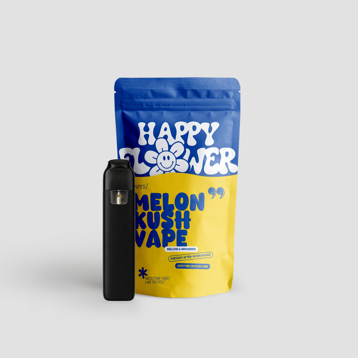 Happy Flower Melon Kush Vape mit blau-gelber Standbeutel-Verpackung und schwarzem Vape-Gerät auf hellem Hintergrund.
