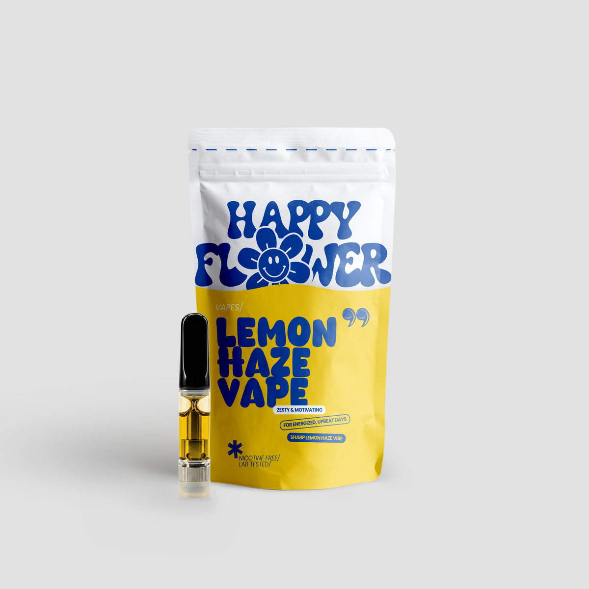 Happy Flower Lemon Haze Vape mit weiß-gelber Standbeutel-Verpackung und Vape-Kartusche mit goldfarbener Flüssigkeit auf hellem Hintergrund.
