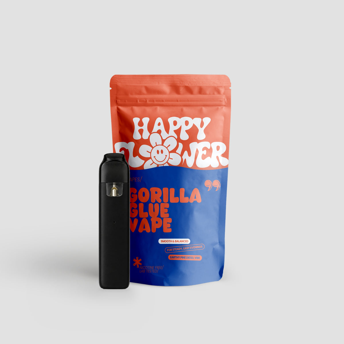 Happy Flower Gorilla Glue Vape mit korall-blauer Standbeutel-Verpackung und schwarzem Vape-Gerät auf hellem Hintergrund.
