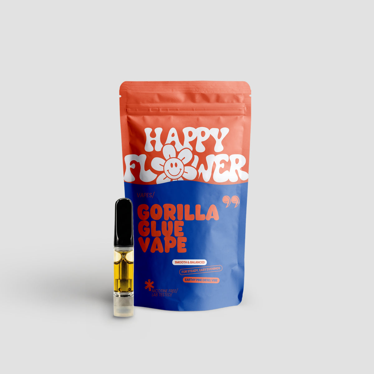 Happy Flower Gorilla Glue Vape mit korall-blauer Standbeutel-Verpackung und Vape-Kartusche mit goldfarbener Flüssigkeit auf hellem Hintergrund.