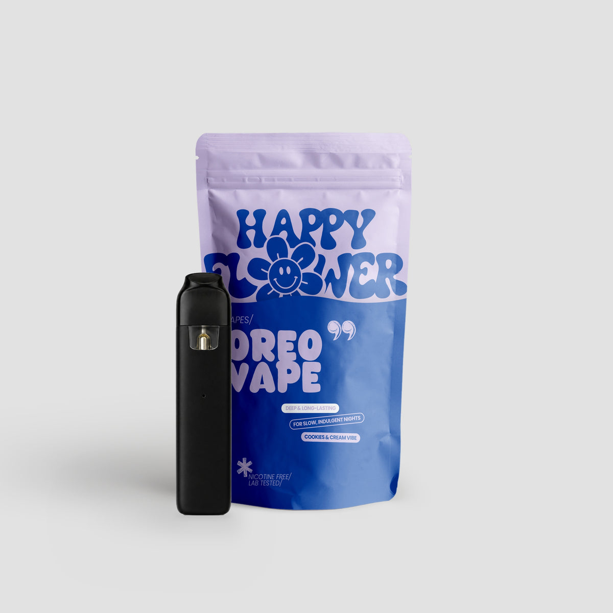 Happy Flower Oreo Vape mit blau-lilafarbener Standbeutel-Verpackung und schwarzem Vape-Gerät auf hellem Hintergrund.