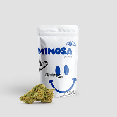 Happy Flower Mimosa CBD Flowers in weißer Standbeutel-Verpackung mit einer großen Cannabisblüte im Vordergrund auf hellem Hintergrund.