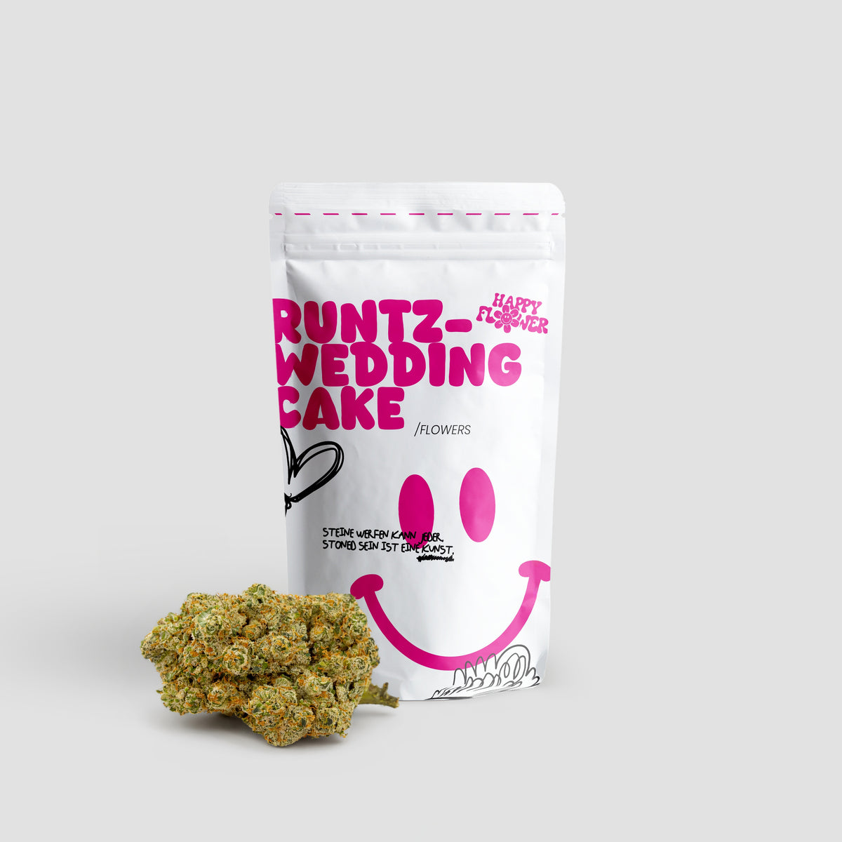 Happy Flower Runtz Wedding Cake CBG-9 Flowers in weißer Standbeutel-Verpackung mit pinkem Design und einer großen Cannabisblüte im Vordergrund auf hellem Hintergrund.