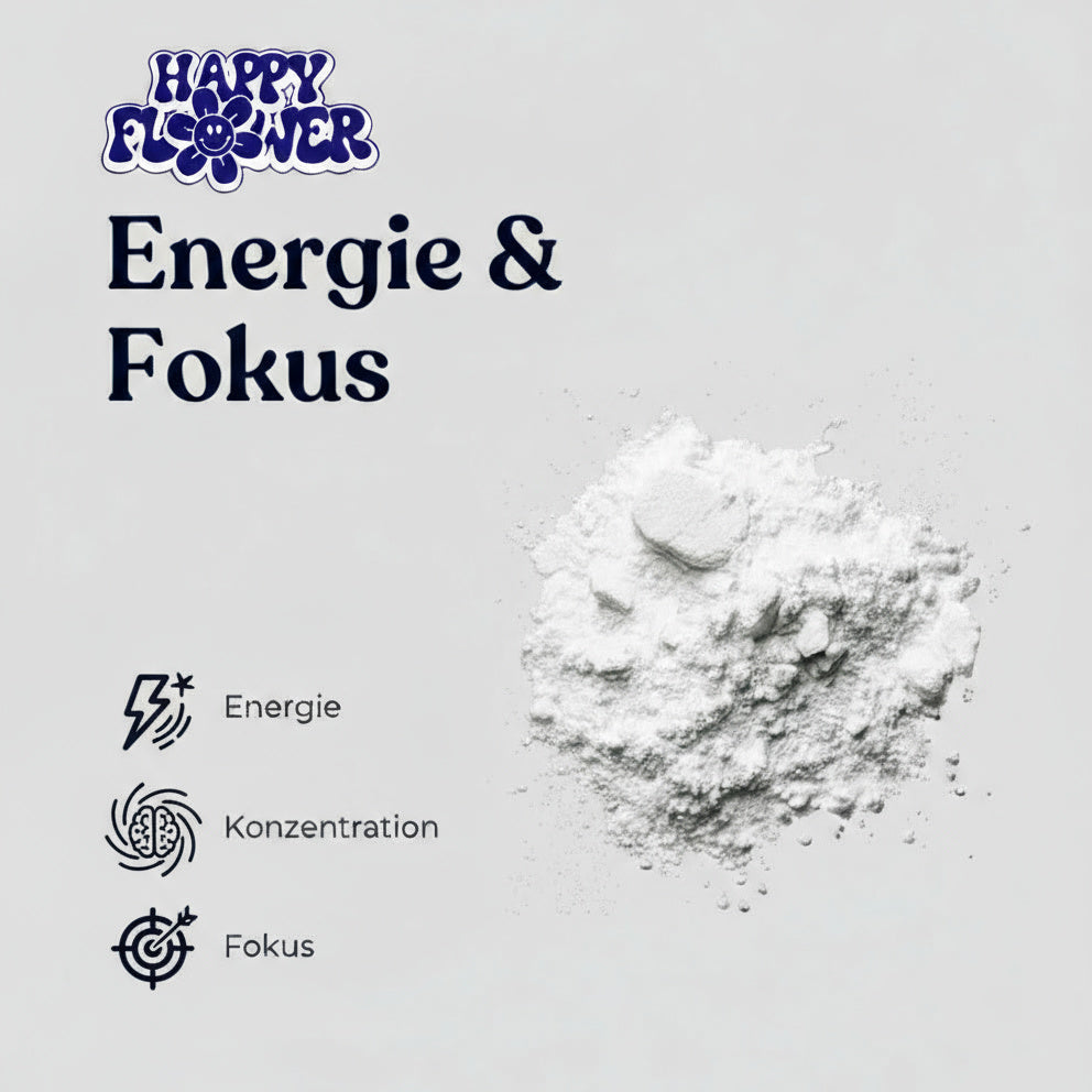 3 FPO für Energie und Fokus. Weißes 3 FPO Pulver auf neutralem Hintergrund in verschiedenen Größen.