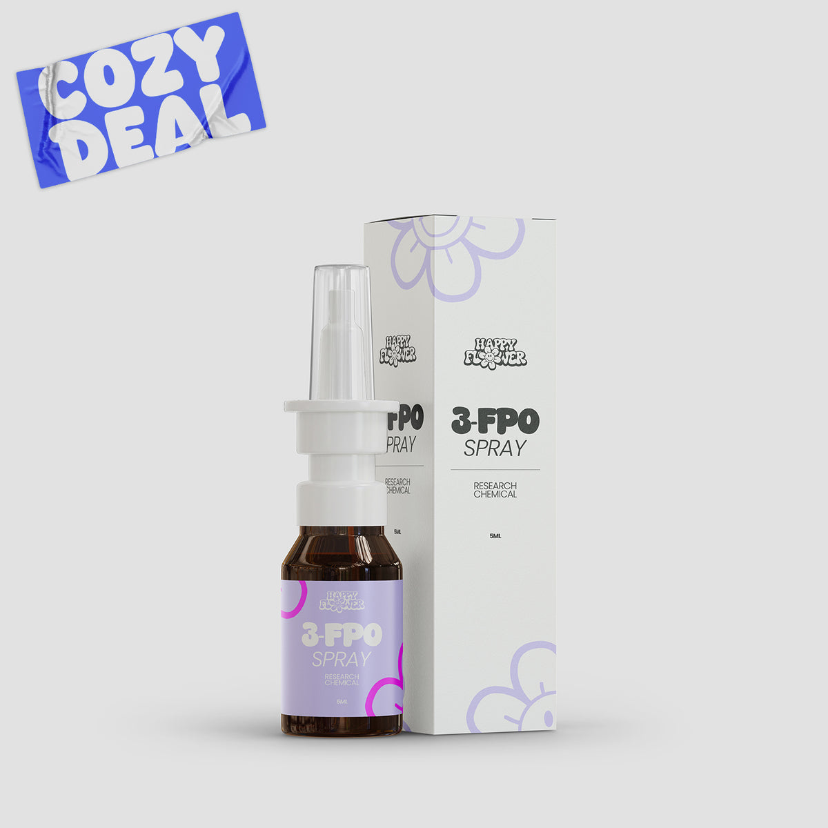 Braune 5-ml-Sprühflasche mit weißem Nasenaufsatz und transparenter Schutzkappe vor der passenden weißen Produktverpackung. Flasche und Karton tragen das Happy-Flower-Logo sowie die Aufschrift „3-FPO Spray – Research Chemical“ und lilafarbene Blütenelemente.