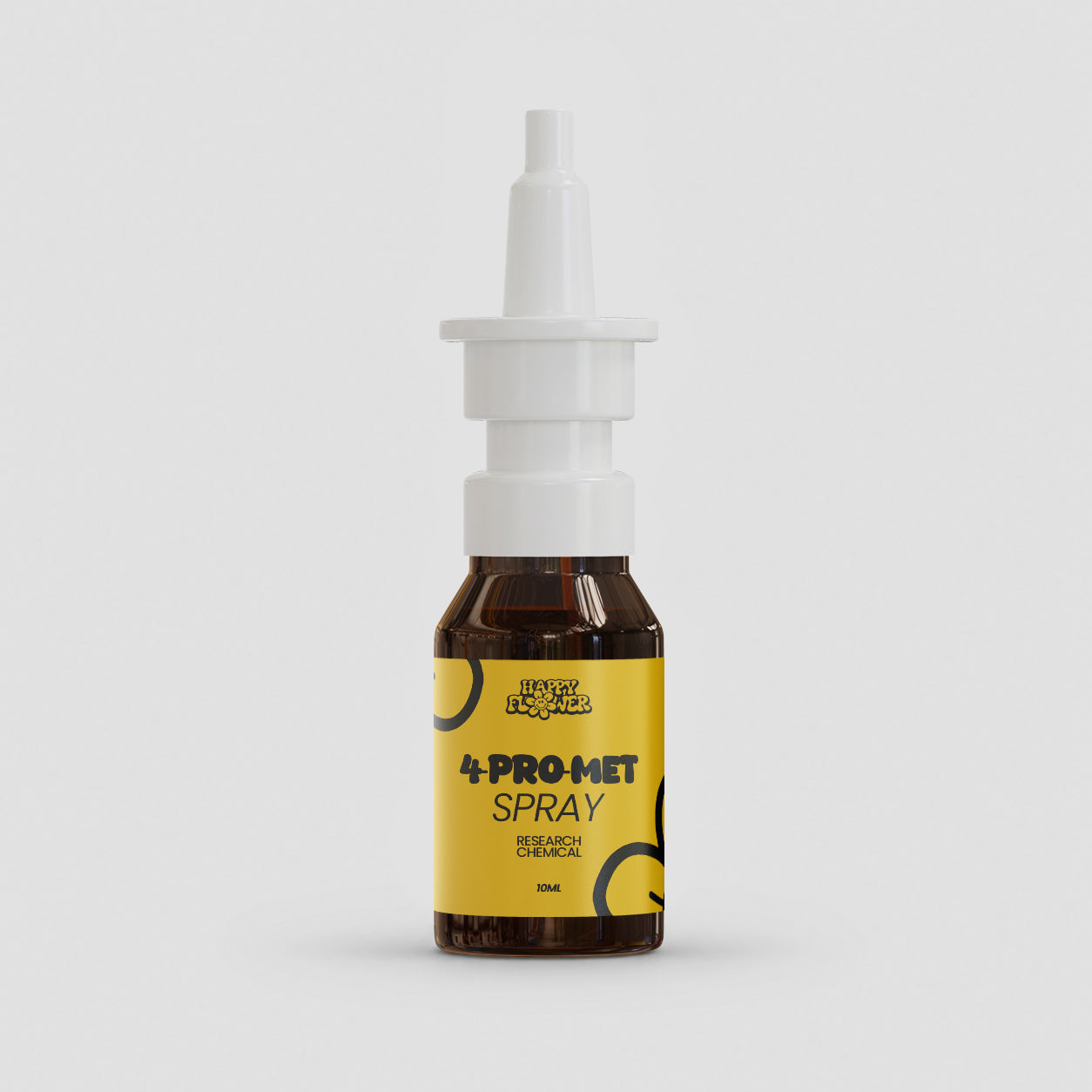 Braune 10ml Happy Flower 4-Pro-Met Sprayflasche mit gelbem Etikett und weißem Sprühaufsatz, frontal auf hellem Hintergrund.
