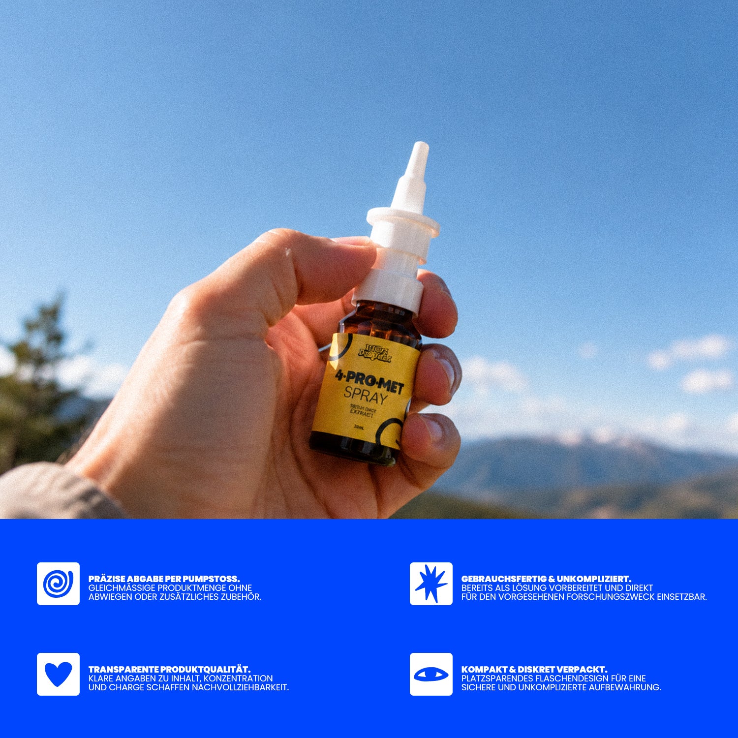 Hand hält eine Happy Flower 4-Pro-Met Sprayflasche mit gelbem Etikett vor blauem Himmel; darunter vier Produktvorteile zu Dosierung, Anwendung, Qualität und diskreter Verpackung.
