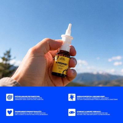Hand hält eine Happy Flower 4-Pro-Met Sprayflasche mit gelbem Etikett vor blauem Himmel; darunter vier Produktvorteile zu Dosierung, Anwendung, Qualität und diskreter Verpackung.
