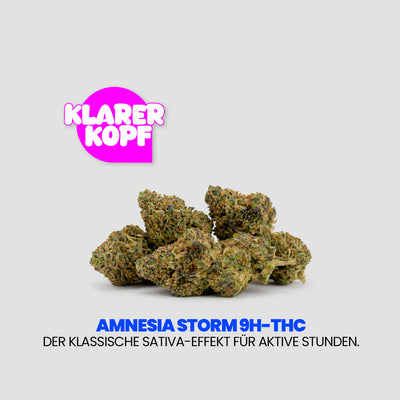 Imagen publicitaria de «Amnesia Storm 9H-THC». Sobre un fondo claro se ve un montón de flores de cannabis; encima, en un bocadillo rosa, se lee «Mente despejada». Debajo, el eslogan: «El clásico efecto sativa para momentos de actividad».