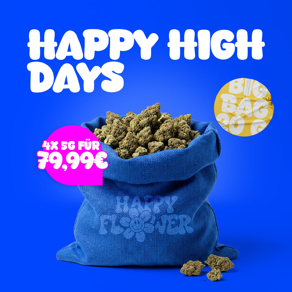 Blauer „Happy High Days“-Werbebanner mit einem großen blauen Jutebeutel voller Cannabisblüten, Preisangebot „4× 5 g für 79,99 €“ und gelbem „Big Bag 20 g“-Sticker.
