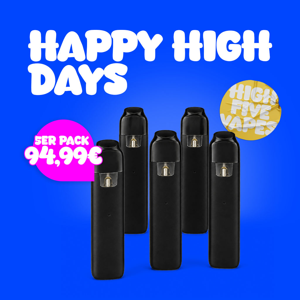 Blauer „Happy High Days“-Werbebanner mit fünf schwarzen Vapes, Preisangebot „5er Pack 94,99 €“ und gelbem „High Five Vapes“-Sticker.
