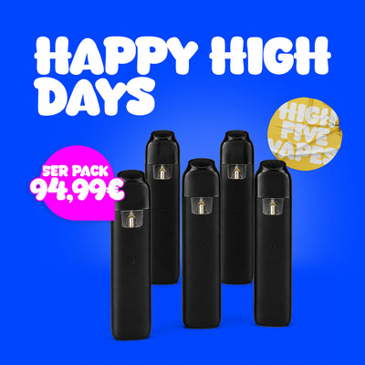 Blauer „Happy High Days“-Werbebanner mit fünf schwarzen Vapes, Preisangebot „5er Pack 94,99 €“ und gelbem „High Five Vapes“-Sticker.
