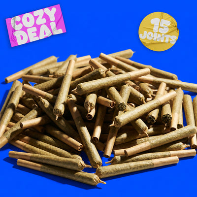 Haufen vorgerollter CBD-Joints auf kräftigem blauem Hintergrund.