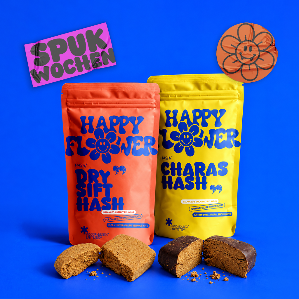 Happy Flower Dry Sift Hash und Charas Hash in orangefarbener und gelber Verpackung vor leuchtend blauem Hintergrund. Im Vordergrund liegen hellbraune, bröselige Dry-Sift-Haschstücke und dunkelbraune Charas-Hash-Stücke mit sichtbarer Schnittfläche. Realistische Produktaufnahme mit natürlichen Schatten.