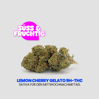 Imagen publicitaria de «CHERRY GELATO 9H-THC». Sobre un fondo claro se ve un montón de flores de cannabis; encima, en un bocadillo rosa, se lee: «Dulce y afrutado». Debajo, el eslogan: «Sativa para el miércoles por la tarde».
