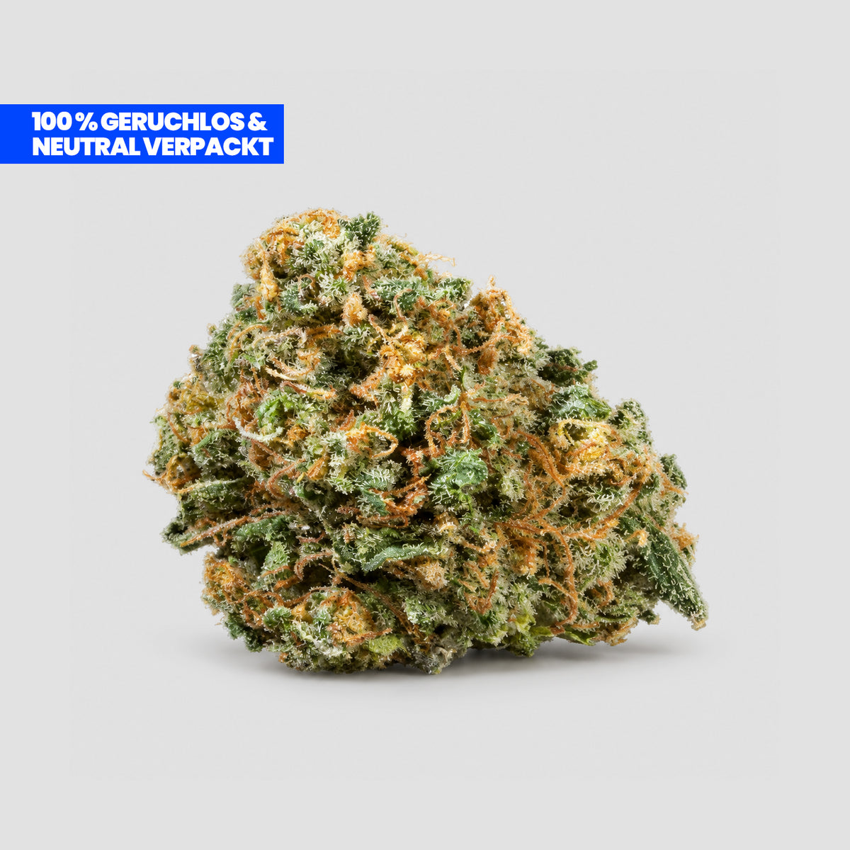 Popcorn Kush Blüte mit grünen Blättern und orangefarbenen Härchen auf weißem Hintergrund, mit Hinweis „100% geruchlos & neutral verpackt“.