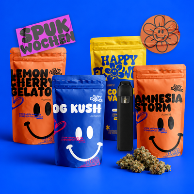 Four colorful Happy Flower Pouches in orange, blue, and yellow featuring the strains Lemon Cherry Gelato, OG Kush, Cookies Vape, and Amnesia Storm on a bright blue background. In the lower right corner is a small pile of THC buds with natural shadows.