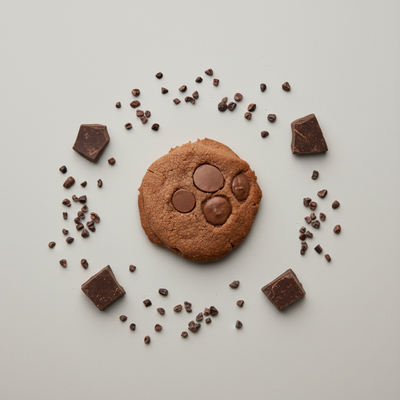 THC cookies arranged in a flat lay with chocolate and cocoa nibs from Happyflower