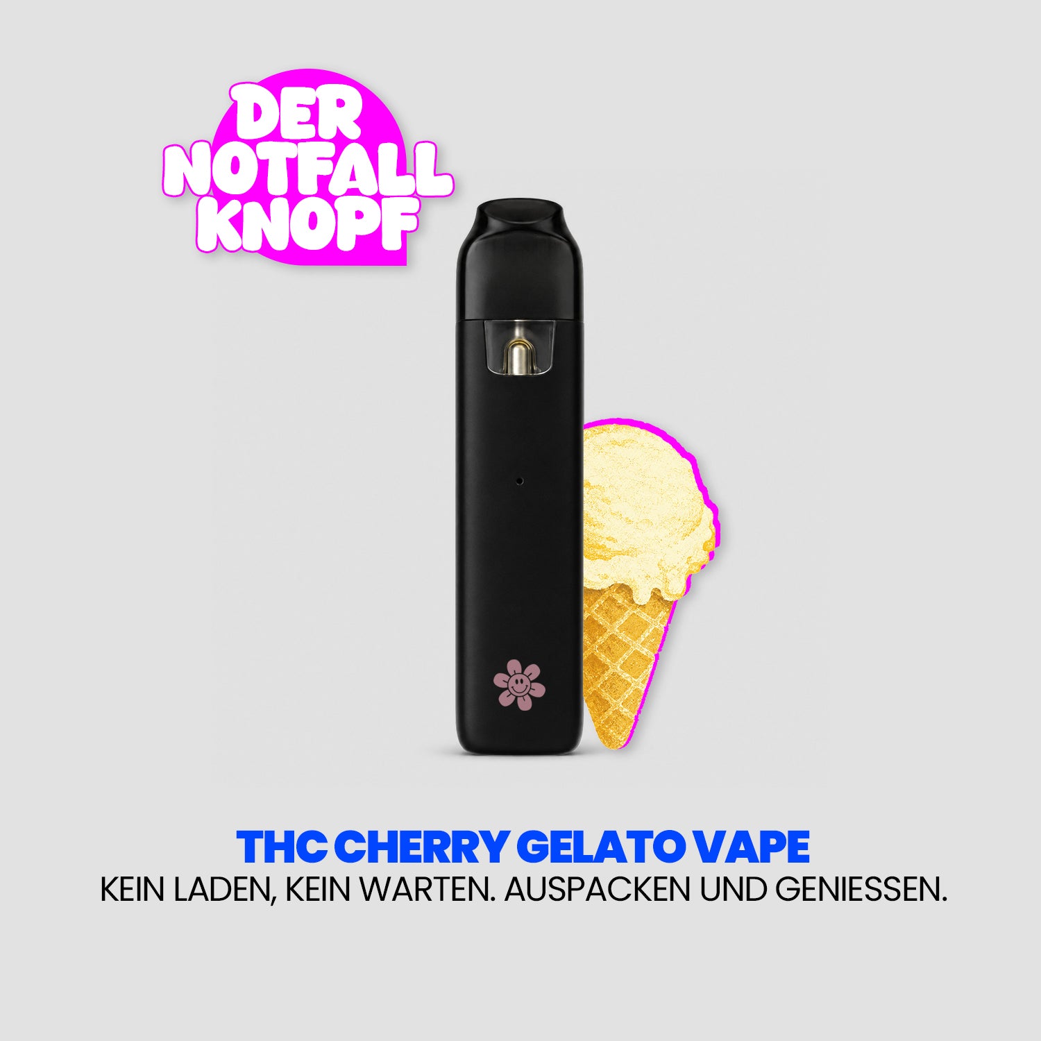 Advertising graphic for a “THC Cherry Gelato Vape.” In the center is a black vape set against an ice cream icon; in the top left corner is “The Emergency Button.” Below that is the tagline: “No charging, no waiting. Unpack and enjoy.”