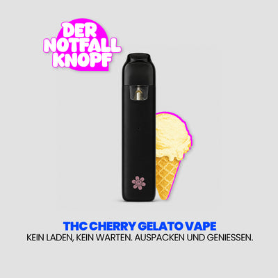 Imagen publicitaria de un «THC Cherry Gelato Vape». En el centro aparece un vaporizador negro delante del símbolo de un helado; en la esquina superior izquierda se lee «El botón de emergencia». Debajo, el eslogan: «Sin recargas, sin esperas. Desempaquetar y disfrutar».