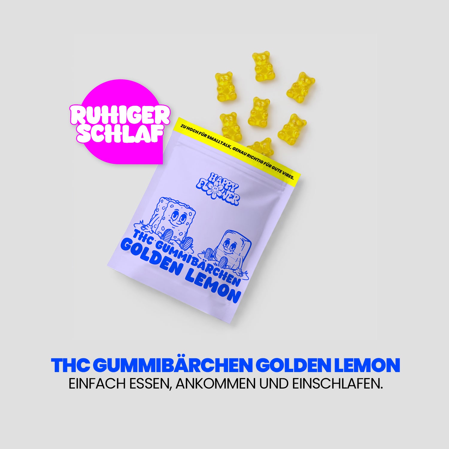 Advertising graphic for “THC Golden Lemon Gummy Bears.” A purple product package sits on a light-colored background, with yellow gummy bears floating next to it. On the left, a pink speech bubble reads “Restful Sleep,” and below it is the tagline: “Just eat, relax, and fall asleep.”