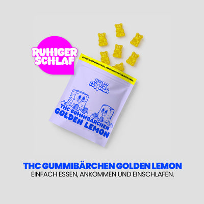 Imagen publicitaria de «Gominolas de THC Golden Lemon». Un envase de color lila descansa sobre un fondo claro, junto al cual flotan unas gominolas amarillas. A la izquierda, en un bocadillo rosa, se lee «Sueño tranquilo», y debajo, el eslogan: «Solo tienes que comerlas, relajarte y dormirte».