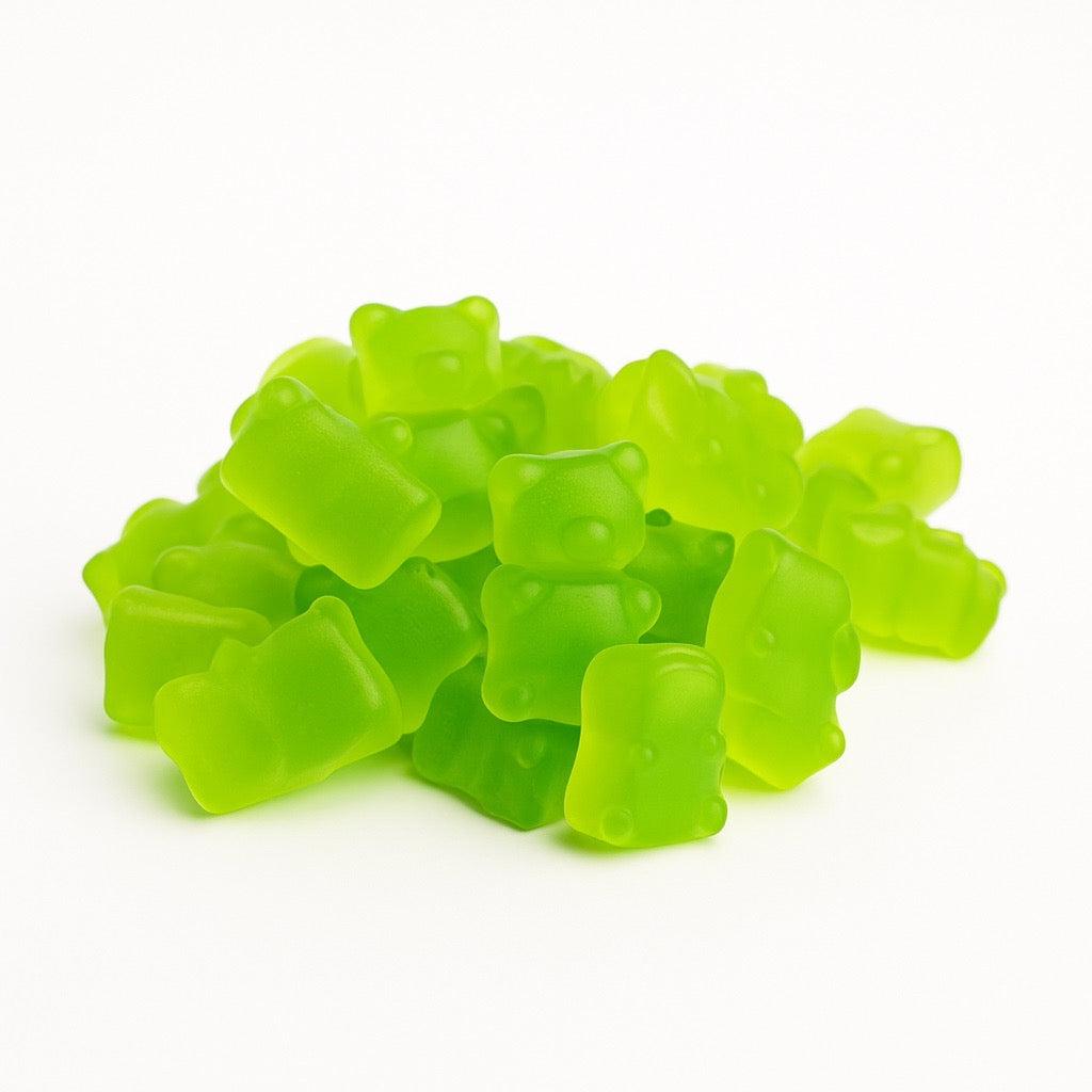EIn Haufen THC Gummibärchen mit Apfelgeschmack