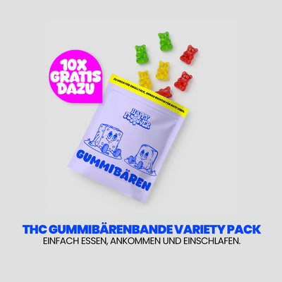 Diseño publicitario para el «THC Gummibärenbande Variety Pack». Un envase de color lila descansa sobre un fondo claro, junto al cual flotan ositos de goma amarillos. A la izquierda, en un bocadillo rosa, se lee «Sueño tranquilo», y debajo, el eslogan: «Solo tienes que comerlos, relajarte y dormirte».